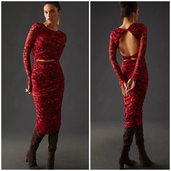 New MISA Cutout Long Sleeve Midi Dress in Red Size L